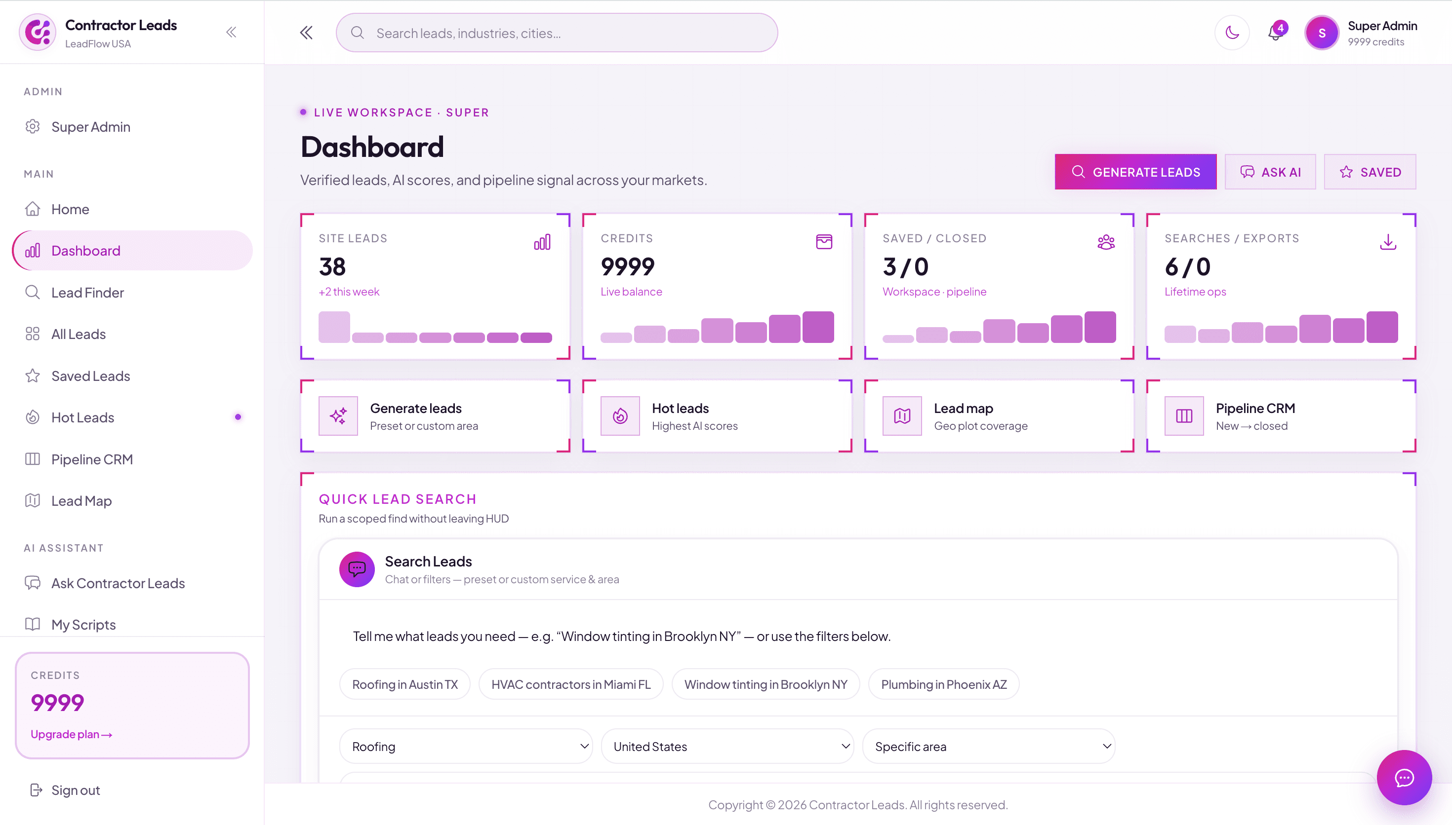 Dashboard with KPIs and quick lead search