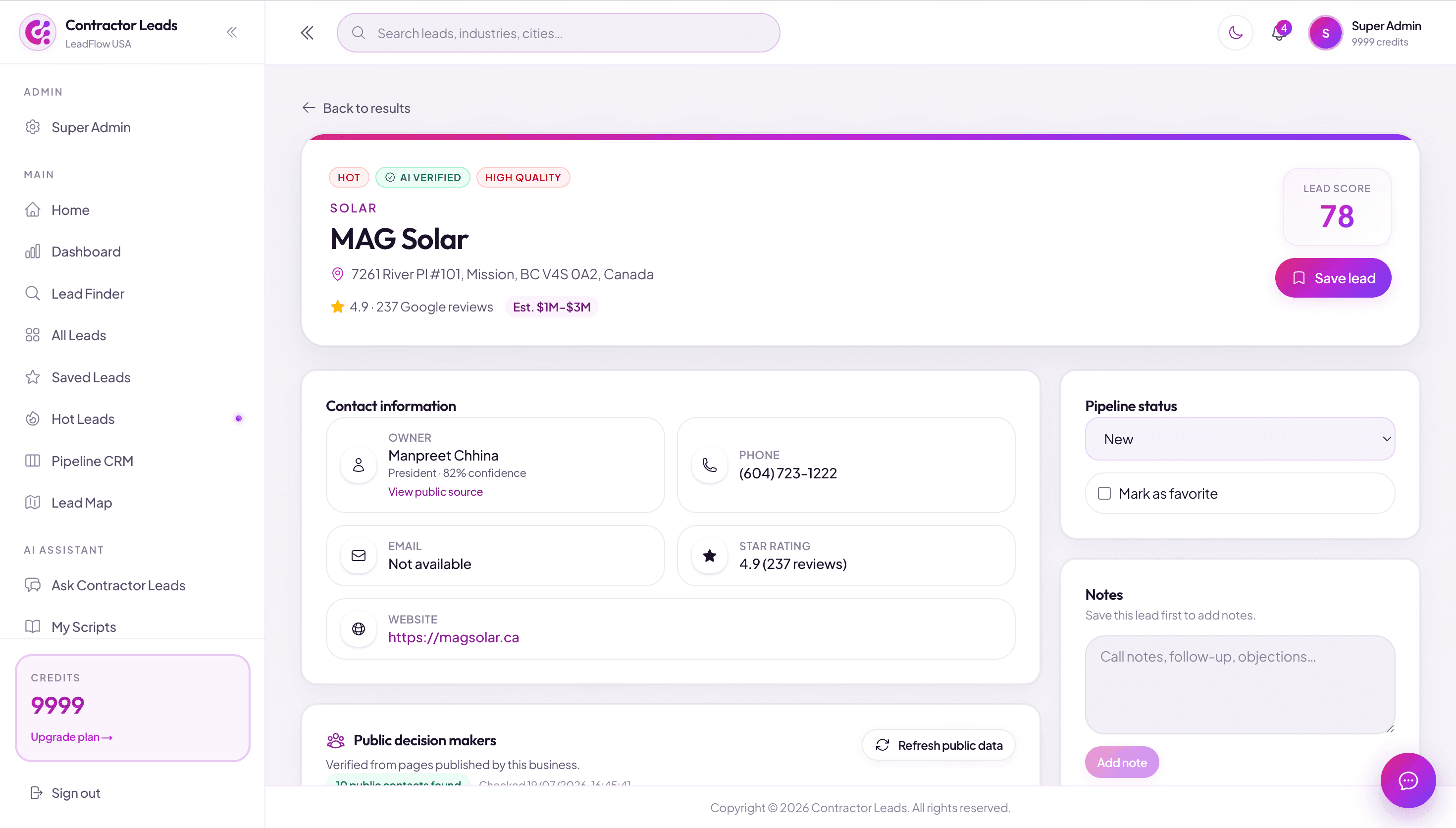 Lead detail with AI score and owner enrichment